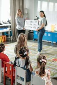 Young children engaged in a fun alphabet lesson with teachers in a kindergarten classroom.