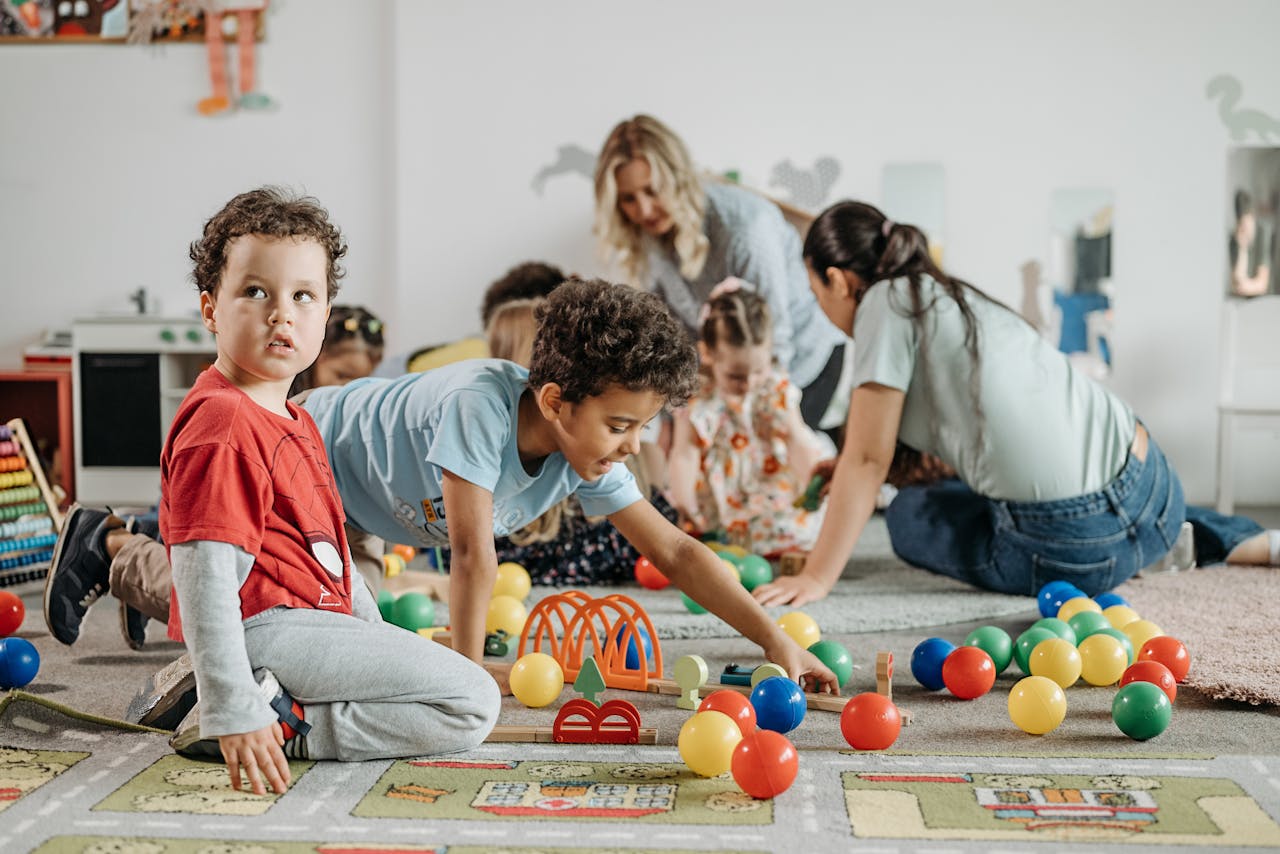 Kids engaging in play and learning activities at a kindergarten. Fun and colorful environment.